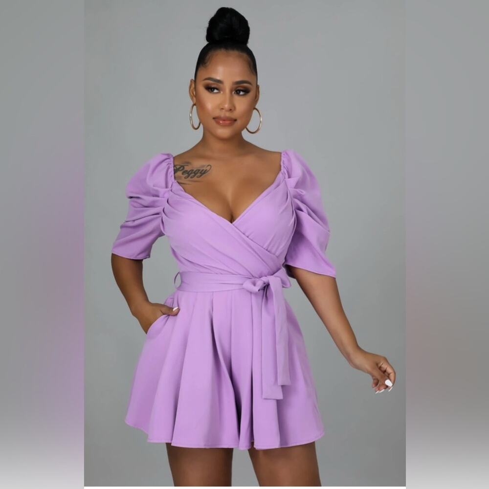 DO+BE lilac puff-sleeve mini romper dress-tie waist